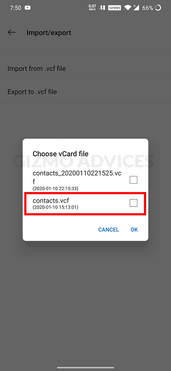Android Contacts select vCard file to import