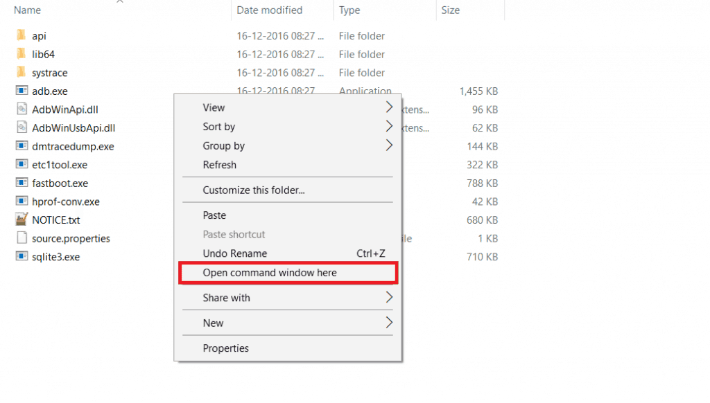 ADB and Fastboot SDK Platform Tools - Open command window here