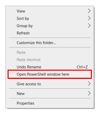 Open PowerShell window here Windows 10